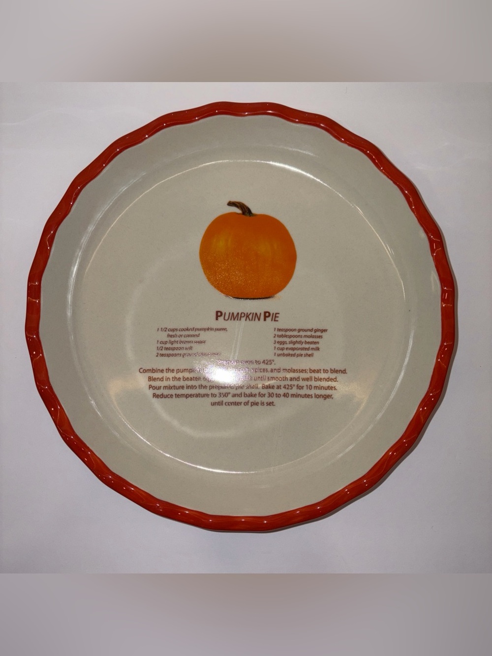 CERAMIC PUMPKIN PIE Baking Recipe and Serving PLATE/PIE DISH Thanksgiving Pie